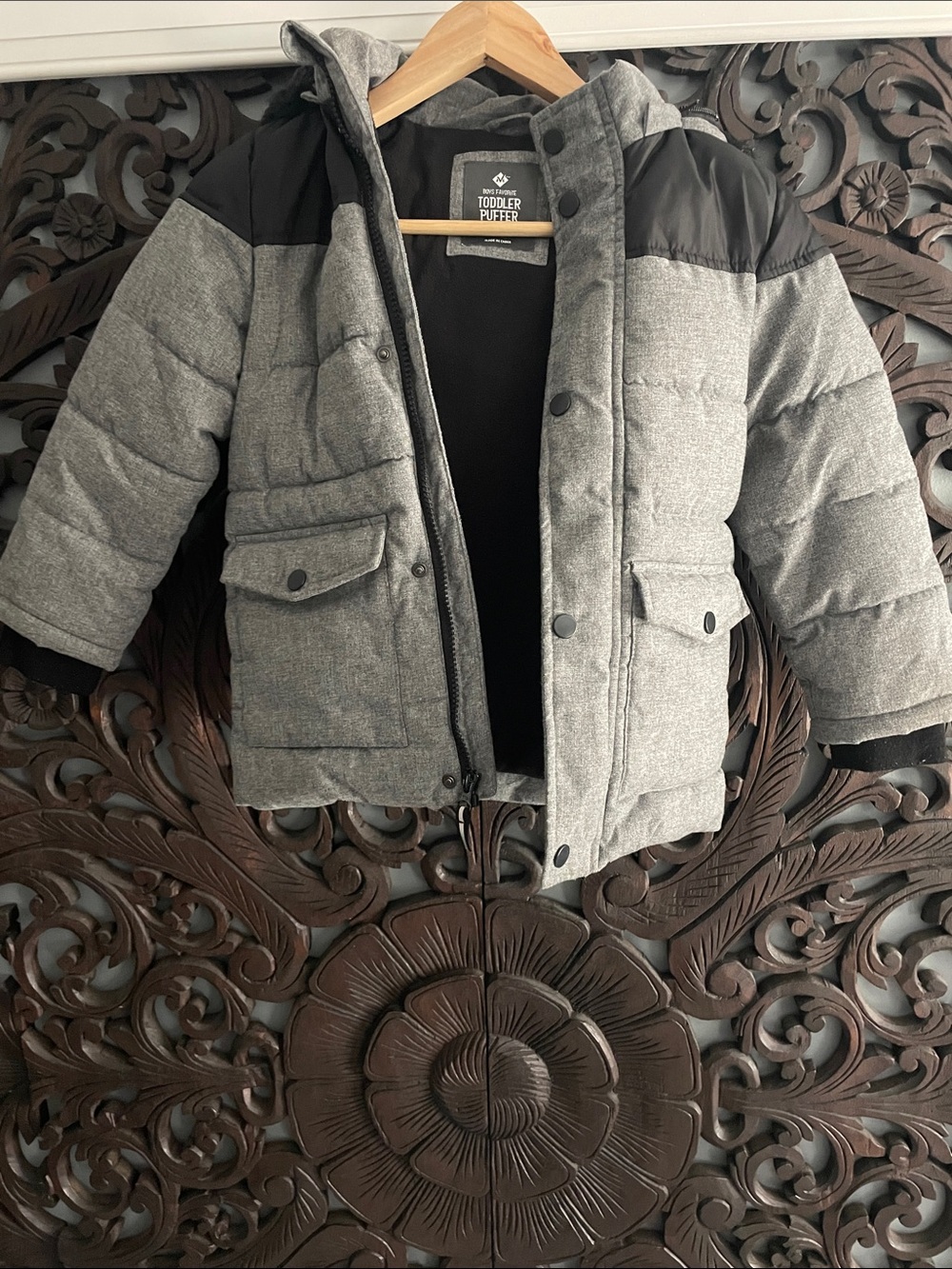 Toddler Heather Gray and Black Insulated Puffer Jacket with Hood
